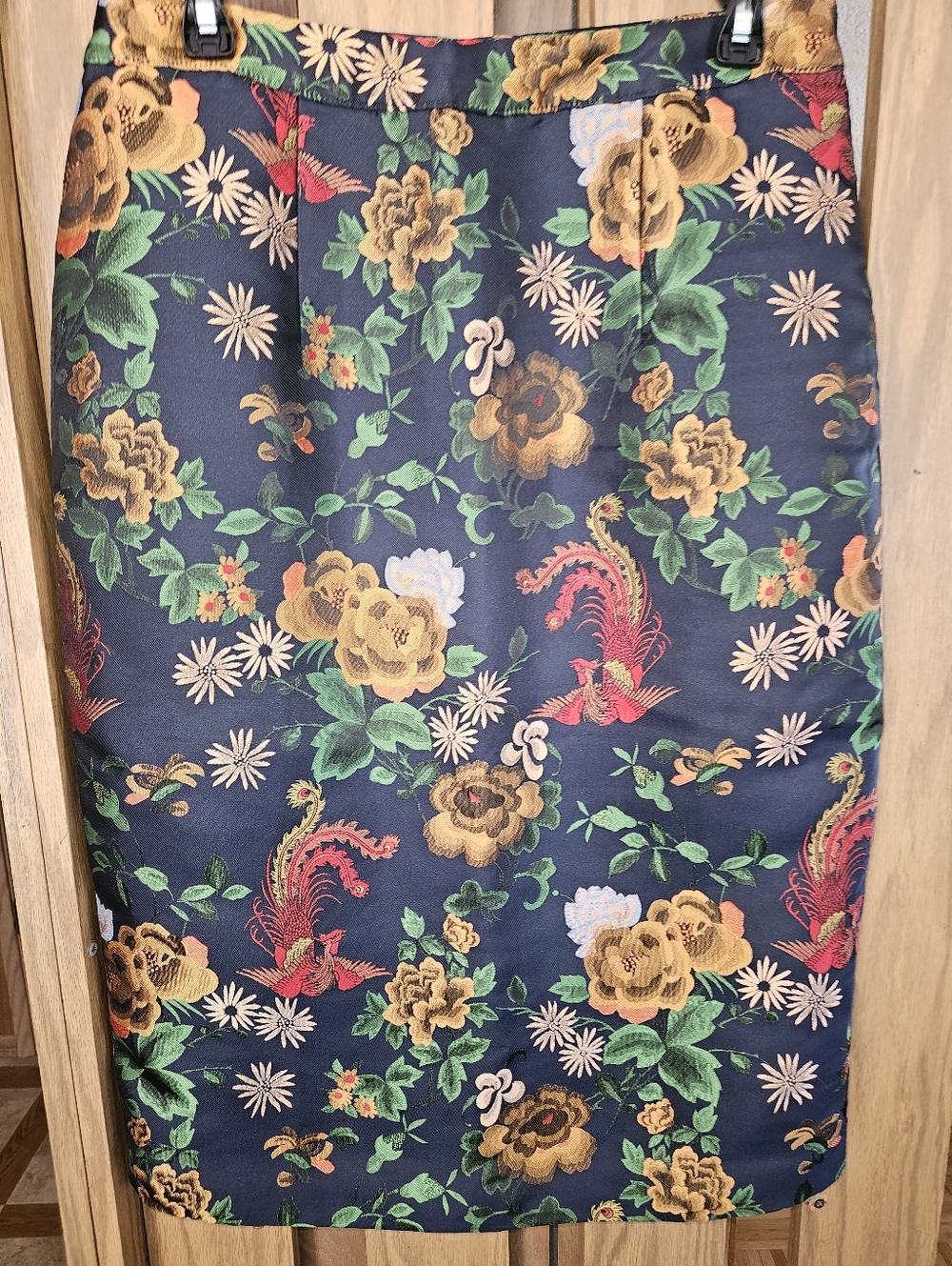 Anthropologie Navy Floral Pencil Skirt with Gold and Green Accents